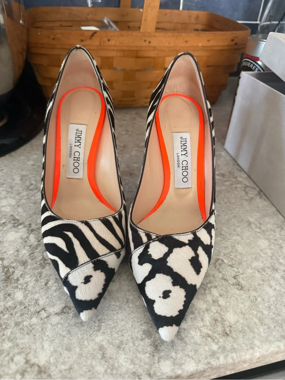 Jimmy Choo Black and White Animal-Print Pointed Pumps with Orange Lining